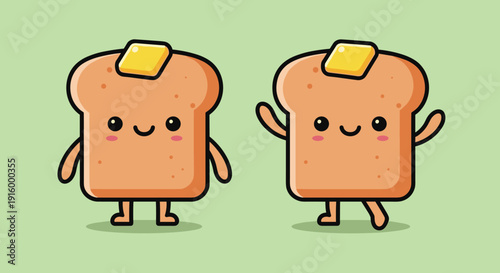 Cartoon Toast Characters with Butter Smiling.