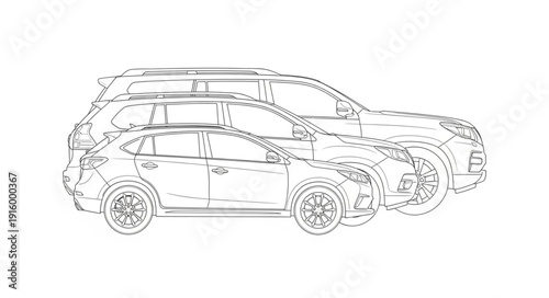 Outline drawing of two modern SUVs parked side by side.