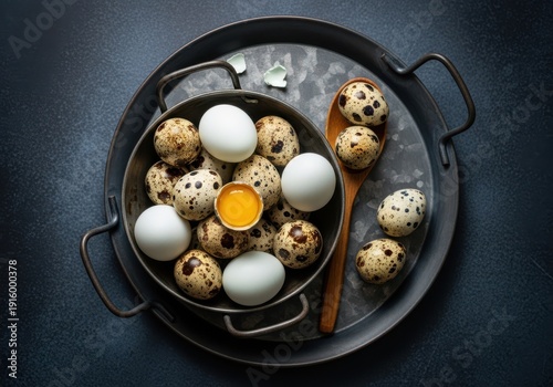 Quail and chicken eggs on a metal tray with a wooden spoon on a dark surface
