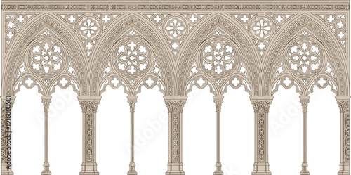 Gothic arcade architectural illustration with pointed arches, tracery panels, ornate columns, and floral motifs for medieval design themes