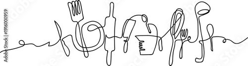 Continuous one line drawing of kitchen utensils ladle minimal style. line illustration featuring essential kitchen tools and element.