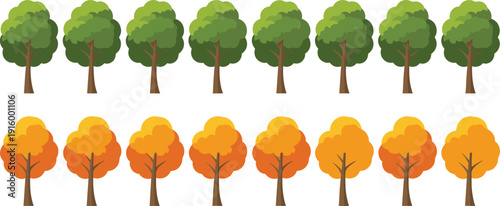 Green summer and orange autumn tree collection vector set with seasonal forest illustrations isolated