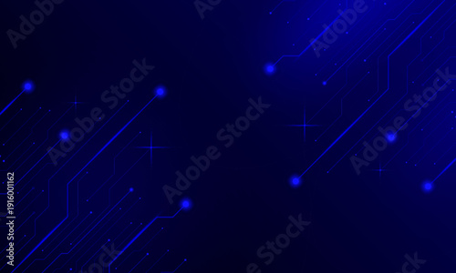 Digital circuit board with glowing blue connections and pathways, viewed from above, showcasing technology and innovation in a futuristic design, related to .eps