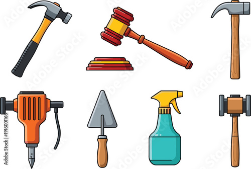 Hand tools collection vector set with hammer mallet drill trowel and spray bottle illustration