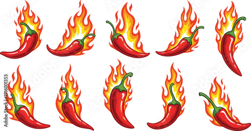 Hot chili pepper with flames vector set spicy fire jalapeno cartoon illustration collection