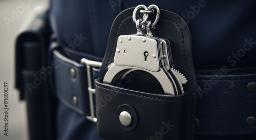 closeup of metal handcuffs attached to belt law enforcement security concept for police and security companies  