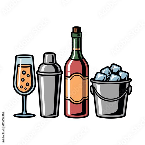 Bar set includes champagne glass, shaker, wine bottle, and ice bucket.
