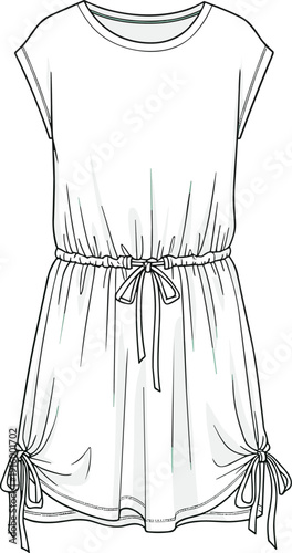 Blank Women’s Cap Sleeve Mini Dress Vector Template Technical Fashion Illustration of a Round Neck Cinched Waist Dress with Drawstrings