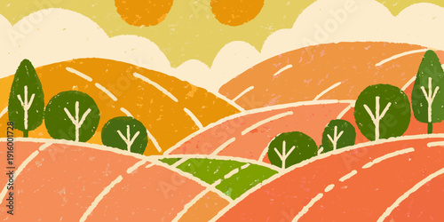 Stylized landscape with rolling hills trees and a bright orange sun in a textured illustration