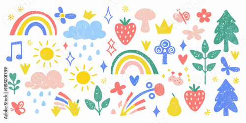 Colorful crayon drawings of whimsical nature elements and cheerful decorative icons on white