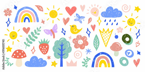 Colorful hand drawn doodles featuring whimsical icons like rainbows hearts stars and playful characters