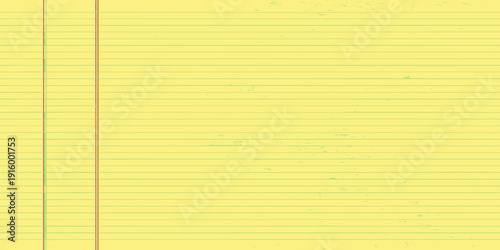 A yellow lined notebook paper with vertical red lines and a slightly aged textured appearance