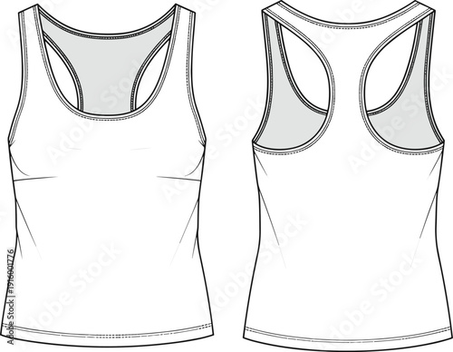 Blank Women’s Racerback Tank Top Vector Template Technical Fashion Illustration of a Fitted Athletic Sport Vest for Gym and Activewear