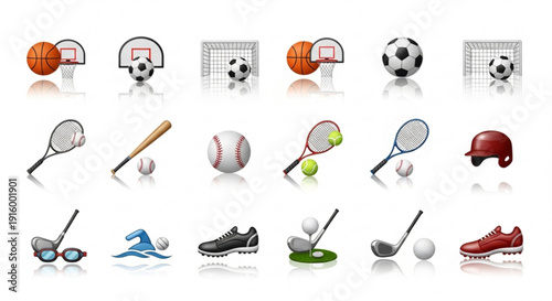 Collection of sports equipment and balls on white background