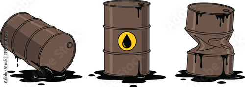 Oil barrel leak and crushed drum vector illustration set with black petroleum spill isolated on background