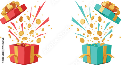 Open gift box with flying gold coins vector illustration festive surprise reward concept set