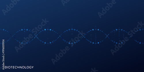 Abstract blue background with a stylized dna strand and biotechnology text overlay