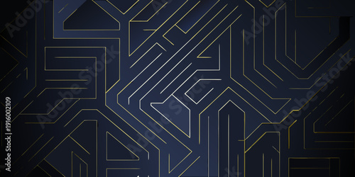 Abstract geometric pattern with golden lines on a dark blue textured background design