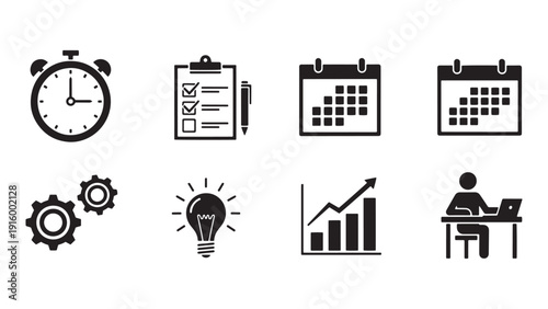 Project planning and scheduling icon set with calendars, timelines, task lists and resource allocation symbols for productivity optimization and financial forecasting