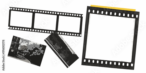 Film strip and frames arranged diagonally representing cinema and photography concepts