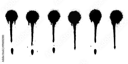 Six black paint splatters with drips arranged in a row on a white background