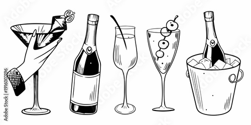 Elegant black and white illustration depicts cocktails champagne and a bucket of ice for celebration