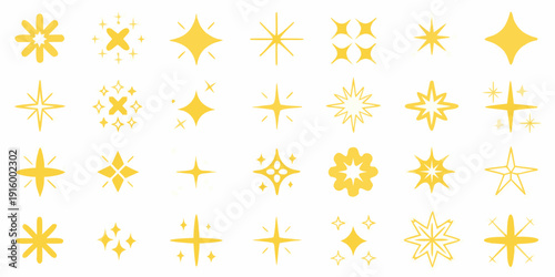 Collection of golden starburst and sparkle shapes isolated on a white background
