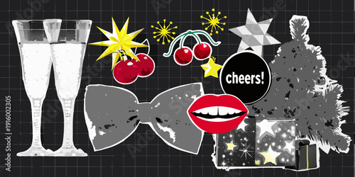 Celebratory party decorations featuring champagne glasses lips bow tie and festive icons against a grid background