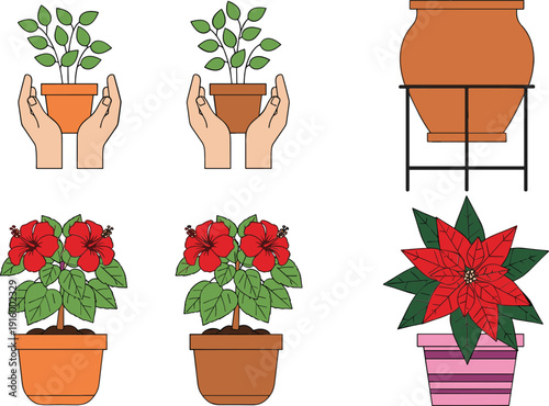Potted flower and plant care collection vector set with watering pot and blooming houseplants illustration