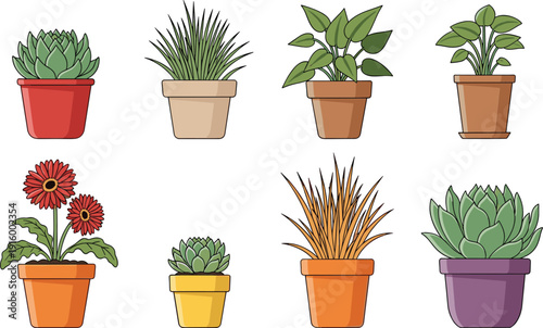 Potted houseplant collection vector set with indoor succulents flowers and green plants illustration