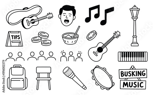 Music icon set for busking and street performance illustration