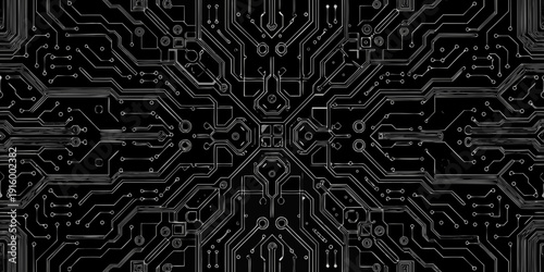 Detailed black background showcasing intricate circuit board patterns and interconnected electronic components