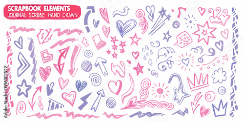 Hand drawn scrapbook elements journal borders doodles stars hearts arrows and decorative hand sketched designs