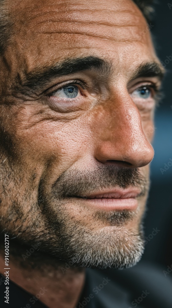 Fototapeta premium intelligence leader meeting emotional business concept. Close-up portrait of a mature man with textured skin and grey stubble