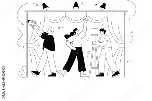 Film crew setting up lights on a movie set illustration