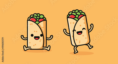 Cartoon Burritos with Facial Expressions Running.