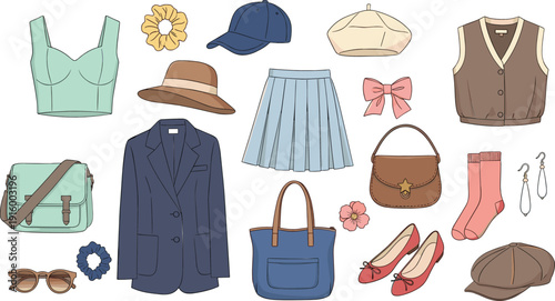Women fashion clothing and accessories vector set with jacket skirt bags shoes and hats illustration