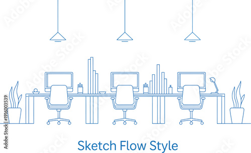 Creative office workplace sketch illustration, modern co-working center or university campus workspace interior in horizontal flow style with empty desks, contemporary furniture, and no people for bus