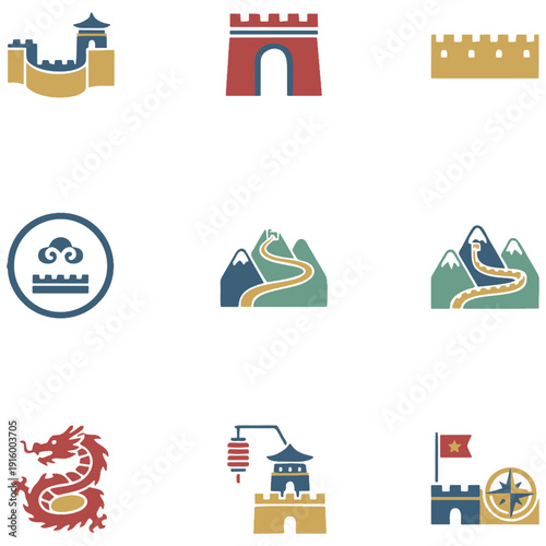 Collection of vibrant vector icons illustrate various aspects of Chinese culture including the Great Wall traditional symbols and travel themes