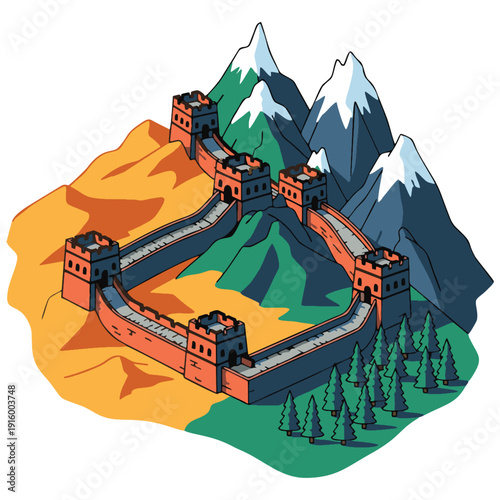 Isometric cartoon illustration depicts a defensive wall with multiple towers traversing a varied landscape featuring sandy deserts green hills snow capped mountains and a pine forest