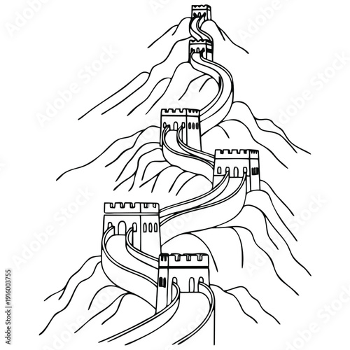 Monochromatic line drawing depicts a majestic wall structure traversing a rugged mountainous terrain with watchtowers and undulating pathways