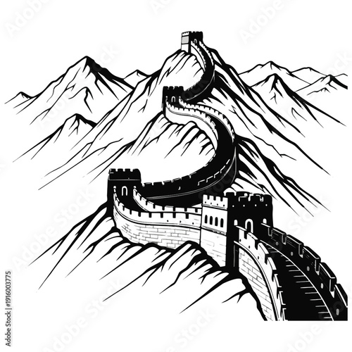 Stylized black and white illustration of a long winding stone wall with watchtowers stretching across towering mountain ranges