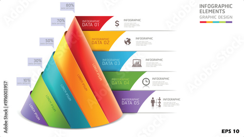 5-Step 3D Cone Infographic. Vector Illustration of a Layered Spiral Pyramid with Colorful Banners, Business Icons, and Percentage Data Options