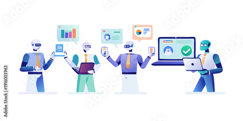 Workflow automation illustration set. Characters hands holding laptops showing smart dashboards, AI automated business processes on screen. Task management, onboarding, artificial intelligence tools. 