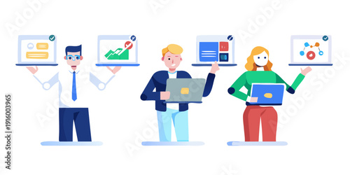 Workflow automation illustration set. Characters hands holding laptops showing smart dashboards, AI automated business processes on screen. Task management, onboarding, artificial intelligence tools. 