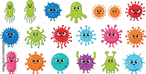 Cute cartoon virus and bacteria characters set, medical cad drawing flat vector illustration isolated on white background