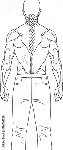 Human back muscles anatomy illustration, detailed spine structure medical cad drawing flat vector illustration isolated on white background