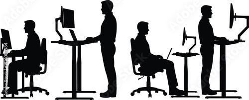 Office ergonomics sitting and standing desk silhouettes, workplace posture cad drawing flat vector illustration isolated on white background