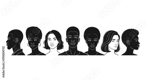 Black silhouettes of diverse people with two white profile illustrations, promoting gender equality and social justice on World Day of Social Justice, with a tree and building in the
