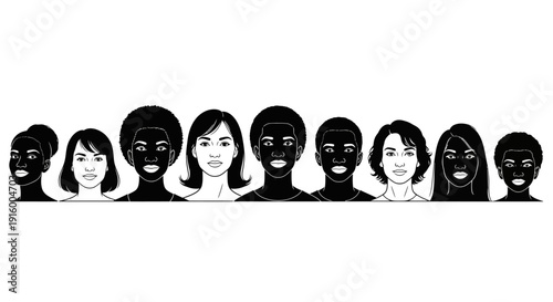 Vector illustration of diverse people in black silhouettes and one woman in color, promoting social justice and equality on World Day of Social Justice, with a tree and building in the